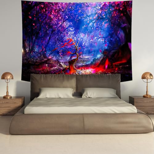 Delur Fantasy Forest Tapestry Enchanted Magical Fairy Tale Tree of Life Wall Hanging Tapestry Mystical Psychedelic Landscape Nature Headboard for Bedroom Living Room Home Decor (51.2" x 59.1")