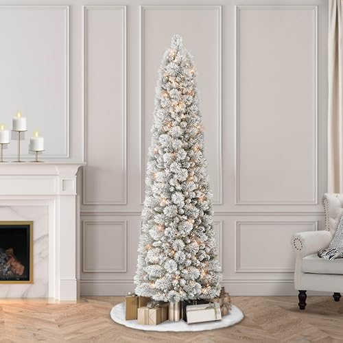 Puleo International 6.5ft Pre-Lit Flocked Portland Pine Pencil Christmas Tree with 300 Clear Lights, 410 Realistic Dense Snow Flocked Branch Tips, Easy Setup Artificial Trees with Sturdy Metal Stand