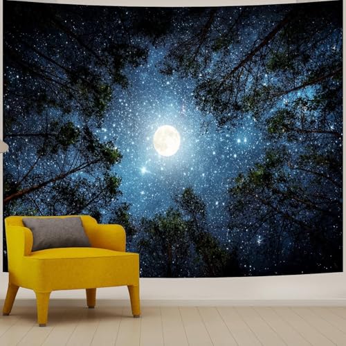 Apdidl Forest Galaxy Starry Tapestry for Bedroom Ceiling, Blue Space Night Starry Sky Moon Stars Tapestry Aesthetic, Tree Forest Milky Way Backdrop Wall Hanging for Dorm Living Room Decor (51" X 60")