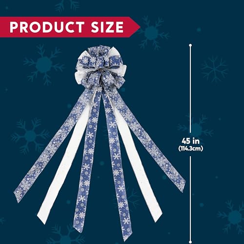 JOIEDOMI 45 Inch Christmas Tree Topper Wreath Bow, Blue and Silver Ribbon Ornaments with Snowflakes and Glitter, Large Gift Decor for Xmas Holiday Themed Decoration Home Parties Wedding