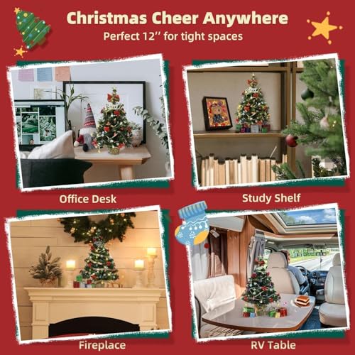 iLAND Mini Christmas Tree Tabletop Small Christmas Tree 12 inch Cute Xmas Table Decoration for Office Desk Shelf Dorm Party Tiny Table Top Décor Miniature 1/6 Scale Elf Accessories Shining Xmas Gift
