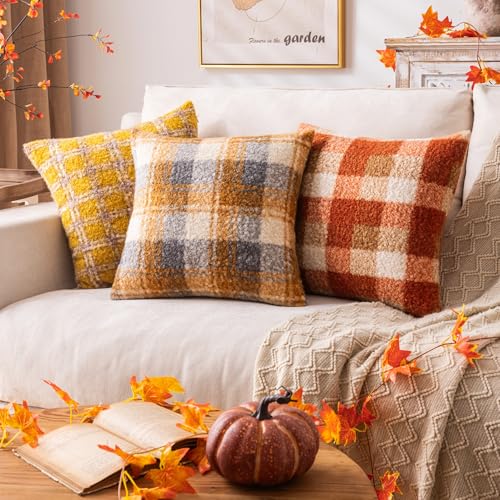 Plaid Fall Throw Pillow Covers Orange 26x26 Inch Set of 2