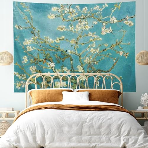 IcosaMro V. Gogh Tapestry Wall Hanging Almond Blossoms Nature Floral Wall Art [Double-Folded Hems] Rustic Wall Home Decor for Bedroom, Dorm, College, Living Room, 60x82.7 Inches, Green