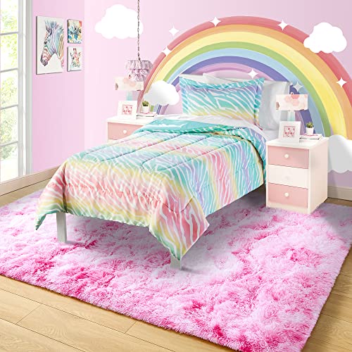 4x6 Tie-Dyed Pink Area Rug for Kids Bedroom Living Room, Fluffy Shag Soft Plush Furry Carpet, Non-Slip Indoor Floor Mat for Dining Room Home Decor