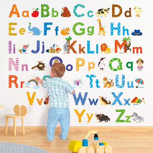 DECOWALL DS8-1608 Watercolour Animal Alphabet ABC Kids Wall Stickers Decals Peel and Stick Removable for Nursery Bedroom Living Room Art murals Decorations