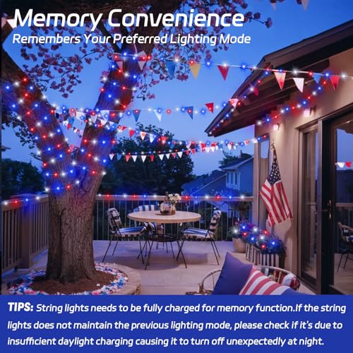 cshare Red White and Blue Solar Fairy Lights, 4th of July Lights Waterproof Outdoor 16.4ft 50LED 8 Modes Memory Function Independence Day Memorial Day Decorations