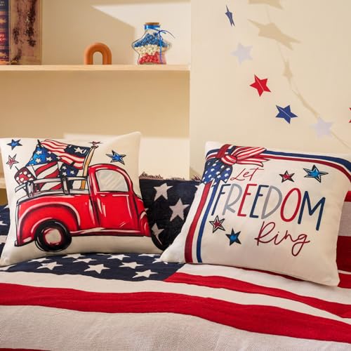 Hongsome 4th of July Decor-Throw Pillow Covers 18x18in Set of 4,Patriotic Linen Pillow Case for Independence Day,Memorial Day,Veteran's Day,USA,American Summer Outdoor Red White Blue Decorations