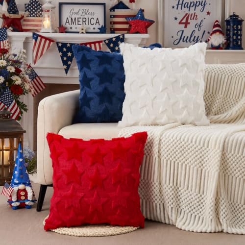 DFXSZ 4th of July Pillow Covers 18x18 inch Set of 2 4th of July Decor Blue Stars Decoration Soft Plush Faux Fur Jacquard Throw Pillows Independence Day Decorations for Bedroom Sofa Holiday PTK025A18