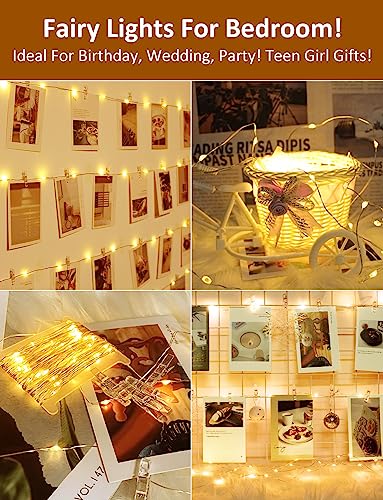 Photo Clip String Lights with Remote, 33FT 100 LED Battery Operated String Lights, Waterproof Copper Wire Starry Lights with 50 Clear Clips, Powered Fairy Lights for Teen Girl Gifts Bedroom 8 Modes