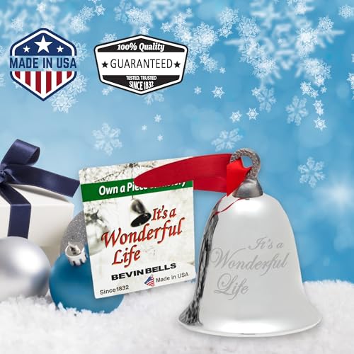 Bevin Bells “It’s a Wonderful Life” Silver-Plated Christmas Tree Ornament | Official Movie Bell Keepsake | Red Ribbon & Velvet Gift Bag Decoration, Christmas Decoration, Wedding Gifts