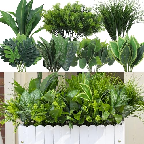 Green Moon 18PCS Artificial Plants Outdoor, Faux Greenery Stems for Outside | UV Resistant Faux Outdoor plants, Fake Shrubs Plants for Patio Garden, Front Porch, Window Box, Spring Summer Home Decor