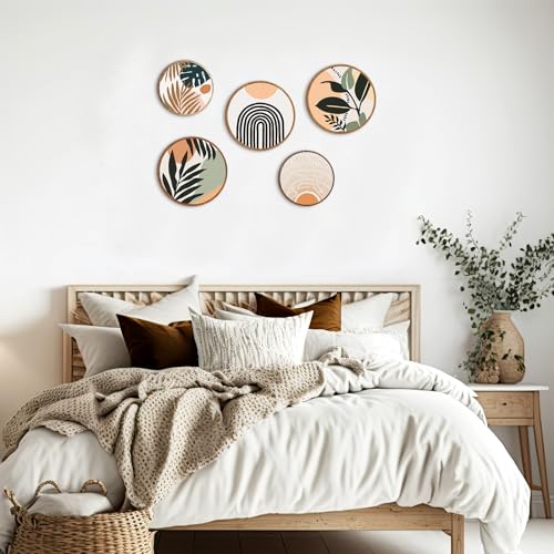 Qunclay 5 Pcs Wall Art Decor Wooden Living Room Wall Decor Bohemian Hanging Farmhouse Geometric 10'' and 8'' Aesthetic Wood Minimalist Posters for Bedroom(Boho, Leaf)