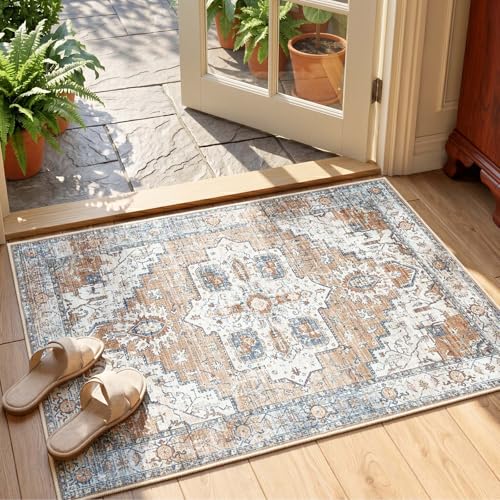 jinchan 2x3 Vintage Medallion Washable Small Area Rug, Blue/Orange