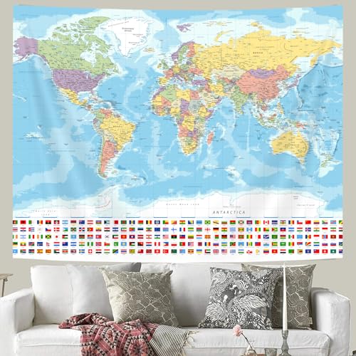 World Map Tapestry Wall Hanging, Map of The World with National Educational Walls Tapestries Room Decor, Boys Girls Kids Map Wall Tapestry for Bedroom Living Room Office Classroom (60X40")