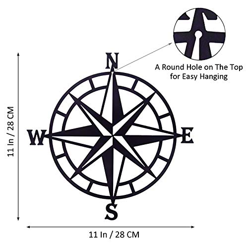 11 Inches Metal Decorative Nautical Compass Wall Decor, Living Room Bedroom Office Porch Garden Patio Signs Wall Hanging Art Beach Theme Home Decoration (Black)