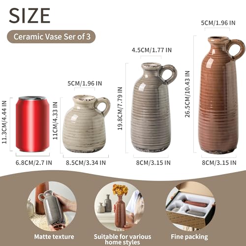Ceramic Vases Set of 3, Neutral Rustic Farmhouse Vase with Handle, Decorative Flower Vases Home Decor Modern Boho Pampass Vase for Table Mantel Entryway Shelf Living Room Kitchen Bathroom - Brown