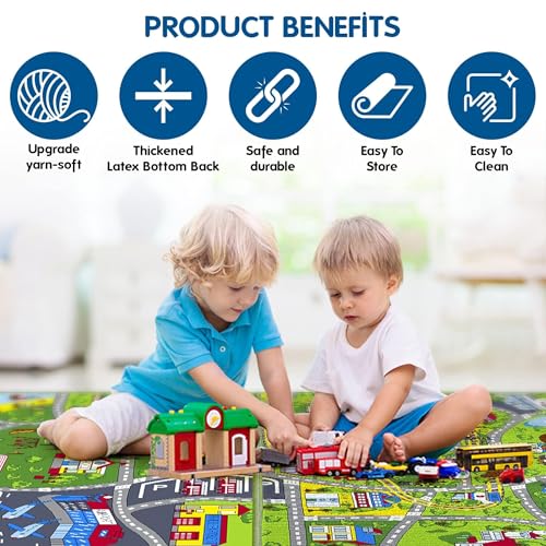 Booooom Jackson 2 Pack Car Rug,Non Slip Train Track Car Mat,Durable Road Play Area Kids Rug,Vibrant Kids Carpet for Playroom,Bedroom,Easy Store and Clean