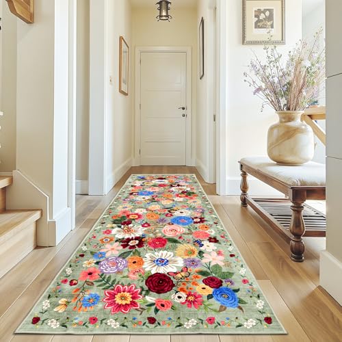 Green Floral Hallway Runner Rug 3x7 for Bedroom Kitchen