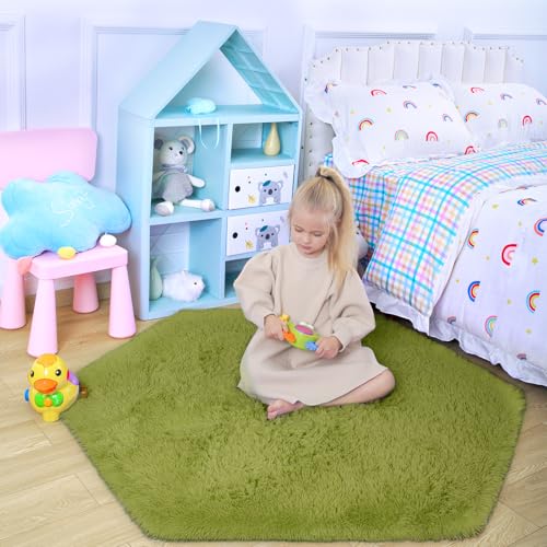 junovo Ultra Soft Rug for Nursery Children Room Baby Room Home Decor Dormitory Hexagon Carpet for Playhouse Princess Tent Kids Play Castle, Diameter 4.6 ft, Green