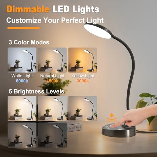 15W LED Desk Lamp with USB Charging Ports – Dimmable Table Lamp with 3 Color Temps, 5 Brightness, 4 Timers, Flexible Gooseneck Light with Base, Eye-Caring Reading Light for Home Office, Bedroom, Study