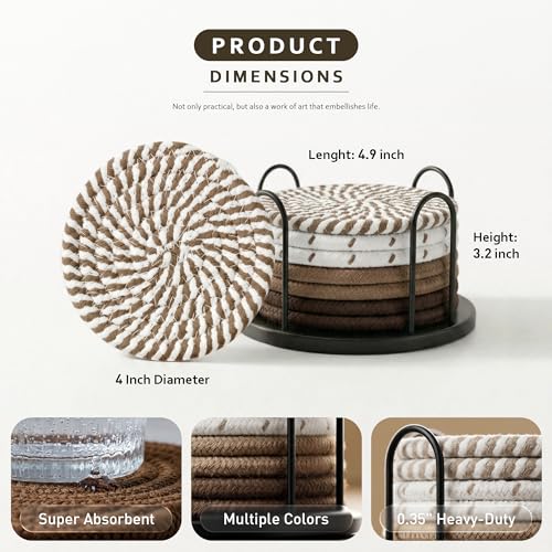 Coasters Set of 8 for Drinks, 4 Inch Large Coasters for Coffee Table, Tabletop Protection for Hot & Cold Drinks, Versatile Coasters for Home Decor, Non-Slip & Easy to Clean, Brown