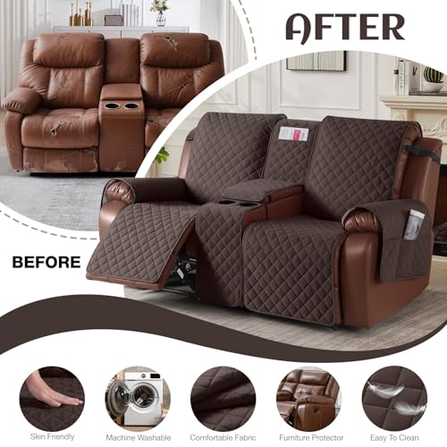 KinCam 100% Waterproof Recliner Loveseat Cover with Console X1, Recliner Couch Covers X1, Recliner Chair Covers X1(Chocolate)
