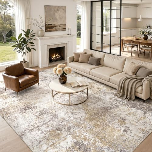10X14 Area Rugs for Living Room: Washable Modern Abstract Rug with Non-Slip Silicone Backing Low Pile Soft Carpet for Bedroom & Dining Decor Ideal for Families with Kids and Pets-Brown