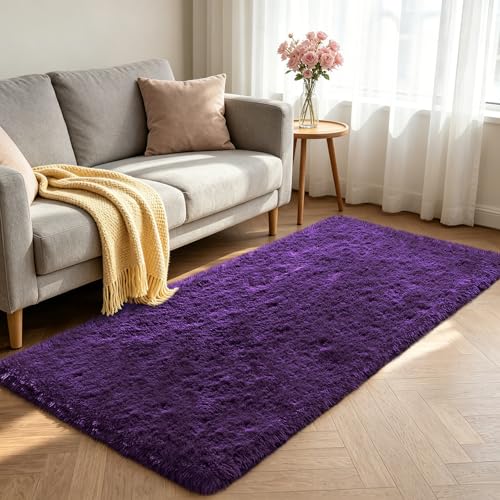 Shag Runner Rug for Bedroom Living Room 3x7 Upgrade Non-Slip Fluffy Soft Bedside Rugs,Purple Shaggy Purple Carpet for Livingroom Dorm Home Decor Aesthetic