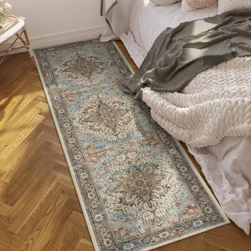 Washable 2x6 Runner Rug, Blue Vintage Floral Non-Slip for Hallway, Kitchen
