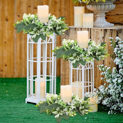 3PCS Artificial Eucalyptus Leaves Wreaths Candle Rings Wreaths Summer Greenery Garland Pillar Holder for Home Wedding Party Table Centerpiece Green