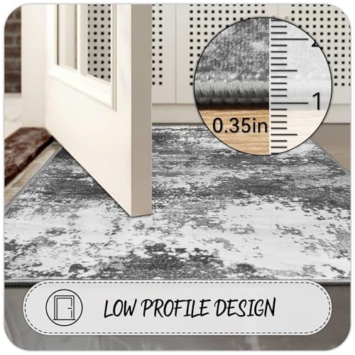 2x6 Rug Runners for Hallways Kitchen Non Slip Washable Grey Entryway Runner Rugs with Rubber Backing 6ft Long Carpet Runner for Laundry Room Bedroom, Low Pile Stain & Fade Resistant, Abstract Gray