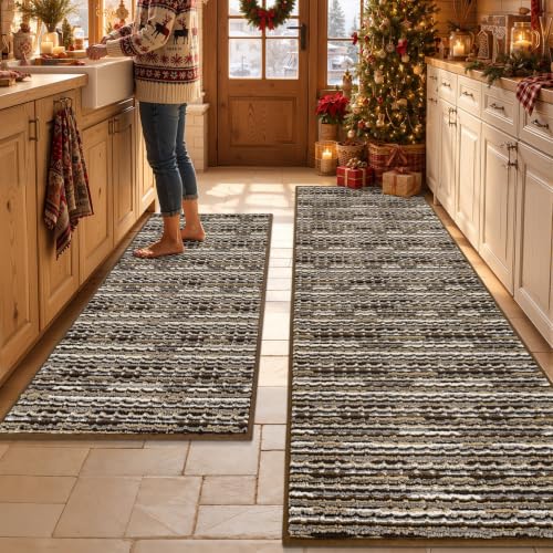 Kitchen Rugs Sets of 2, Non Slip Kitchen Mats for Floor, Brown