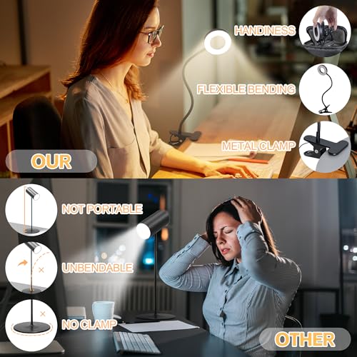 Desk Lamp Clip on Light, 48 LED USB Lamp with 3 Color Modes 10 Brightness Levels, 360° Flexible Gooseneck Eye Protection Bed Night Light for Reading, Makeup, Craft (Black)