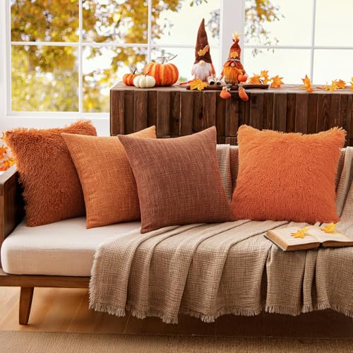 MIULEE Burlap Linen Euro Throw Pillow Covers 24x24 Inch Set of 2 Fall Rust