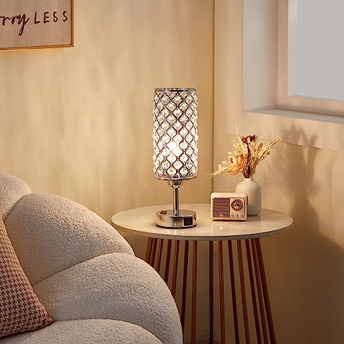 Hong-in Crystal Lamp Touch Control Set of 2, Sliver Crystal Table Lamps with USB C+A Ports & AC Outlet, 3-Way Dimmable Nightstand Touch Lamp, Modern Bedside Table Lamp for Bedroom(Bulbs Included)