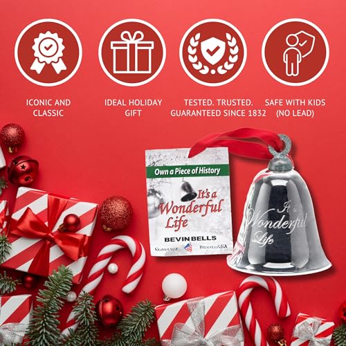 Bevin Bells “It’s a Wonderful Life” Silver-Plated Christmas Tree Ornament | Official Movie Bell Keepsake | Red Ribbon & Velvet Gift Bag Decoration, Christmas Decoration, Wedding Gifts