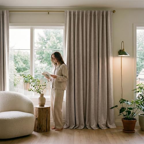 PONY DANCE Beige Linen Blackout Curtains 84 Inch Long for Bedroom Living Room, Cream Back Tab/Rod Pocket Full Black Out Drapes Rustic Farmhouse Curtains for Window, 52" X 84" 7 FT, 2 Panels, Natural