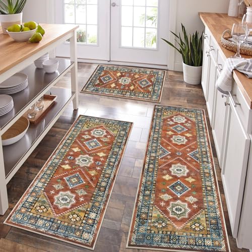 HEBE Boho Kitchen Rugs Set of 3, Non Slip Washable Kitchen Mats for Floor