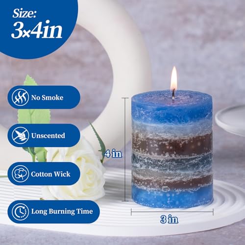 Layered Pillar Candles Set of 3, 3"x 4" Table Decor Blue Coffee