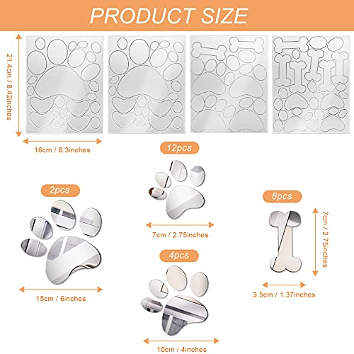 26 Pcs Acrylic Mirror Wall Stickers - Dog Paw Bones Prints, Removable Dog Pup Room Wall Decors for Kids Children Nursery Bedroom Home Decoration