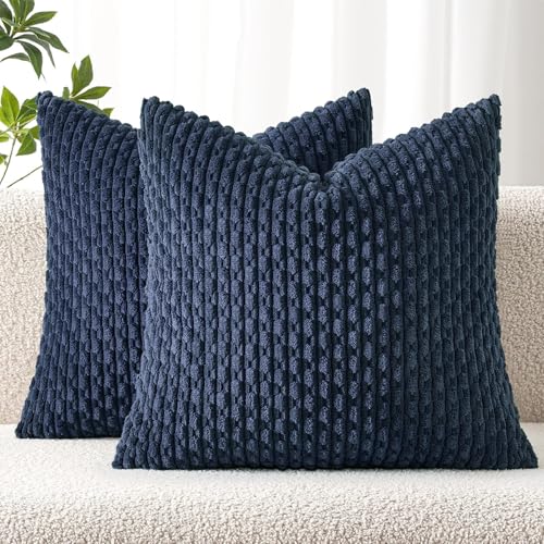 MIULEE Decorative Throw Pillow Covers 18x18 Navy Blue Textured Corduroy