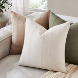 ZeeMart Linen Checked Throw Pillow Covers Set of 2, 18x18 Inch Ivory/Cream, Farmhouse Decorative Single Sided Grid Embroidered Couch Pillow Cases Off White Cotton Linen Cushion Covers