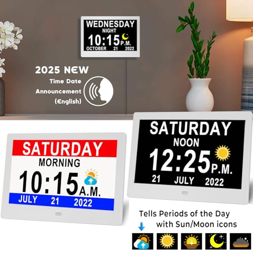 MASSII 11.5" Black +11.5" White Digital Clock with Auto DST and 20 Alarms Custom Reminders, Non-Abbreviated Calendar Day Date Clock for Seniors Dementia Alzheimers'