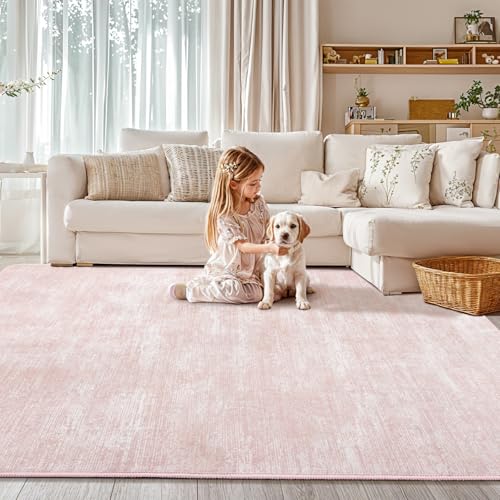 5x7 Washable Area Rug, Pink Solid Area Rugs for Living Room & Bedroom