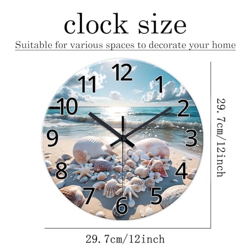 XNM Analog Blue Beach Wall Clocks for Living Room Coastal Sea Shell Wall Clocks Battery Operated 12 Inch Modern Round Glass Wall Clock Non Ticking