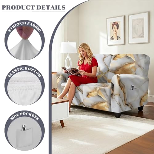Reclining Loveseat Slipcover, White Gold Marble Crack Abstract Print 6-Piece Stretch Lazy Boy Sofa Covers, 2 Seat Loveseat Recliner Cover Thick Soft Washable