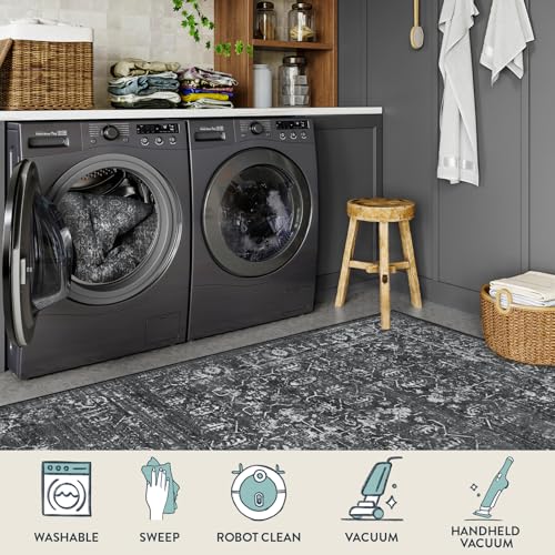 Lahome Margot Vintage 5x7 Area Rugs - Washable Non-Slip Boho Living Room Rugs for Under Table, Black Low Profile Soft Faux Wool for Bedroom, Dinning Room, Nursery, Playroom