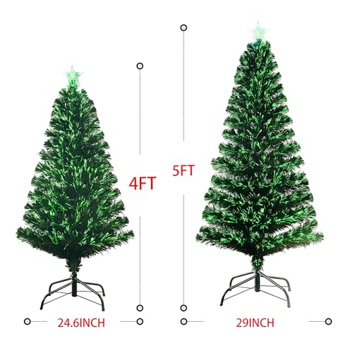 4FT Pre-lit Fiber Optic Christmas Tree with Lighted Star, PVC & Iron Construction, Green Artificial Christmas Tree with 141 Branch, Indoor Christmas Decorations, Holiday Home Xmas Decoration
