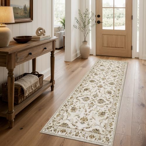 jinchan 2x6 Traditional Floral Runner Rug, Washable Rug, Oatmeal Rust