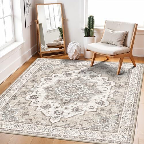 Living Room Washable Square Rug: 4x4 Soft Area Rugs for Kitchen Bedroom Bathroom Non-Slip Water Resistant Entryway Mat Low Pile Ultra Thin Small Carpet for High-Traffic Areas Home Decor (4x4,Beige)